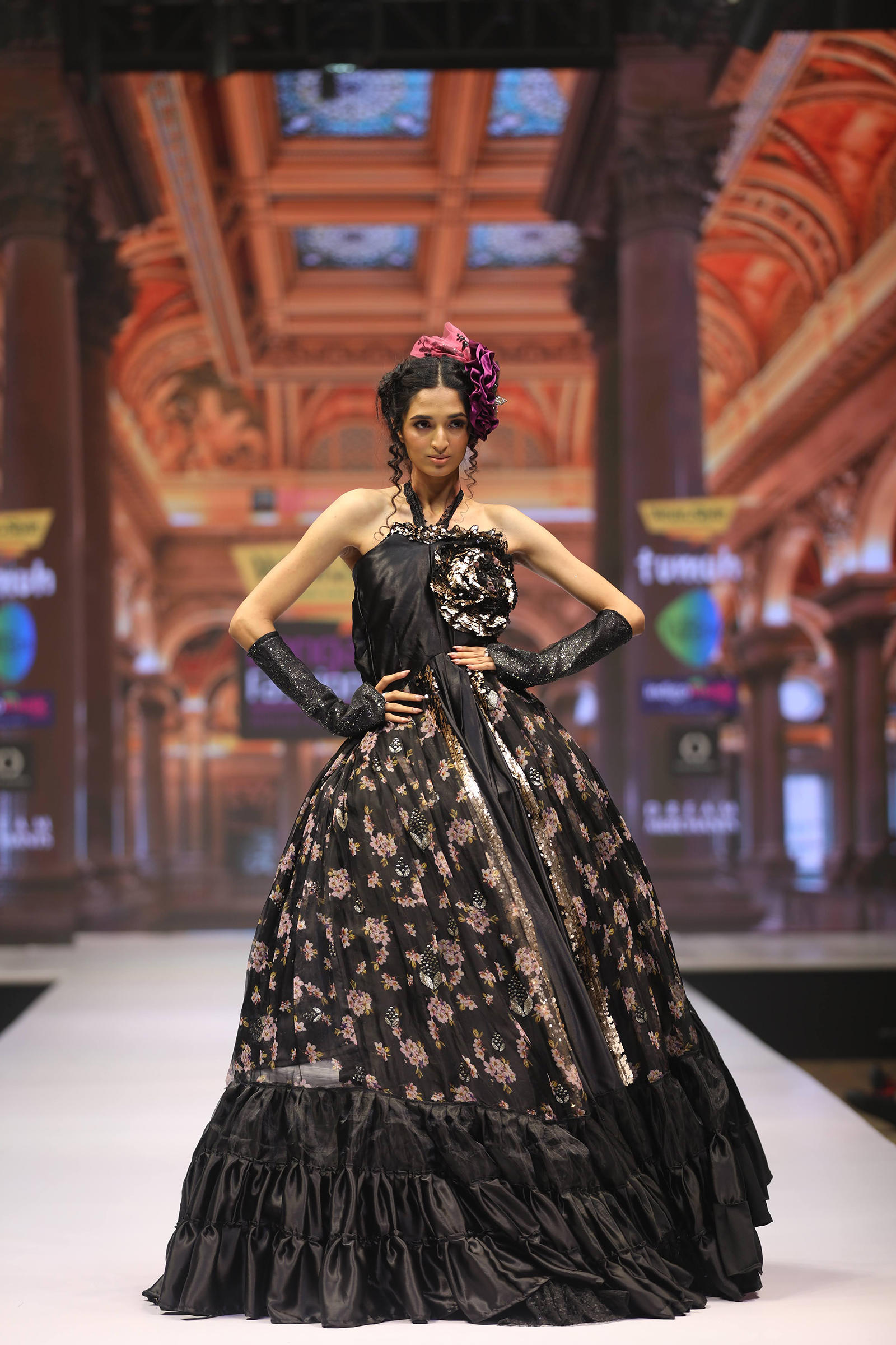 Floral Golden Sequin Ball Gown